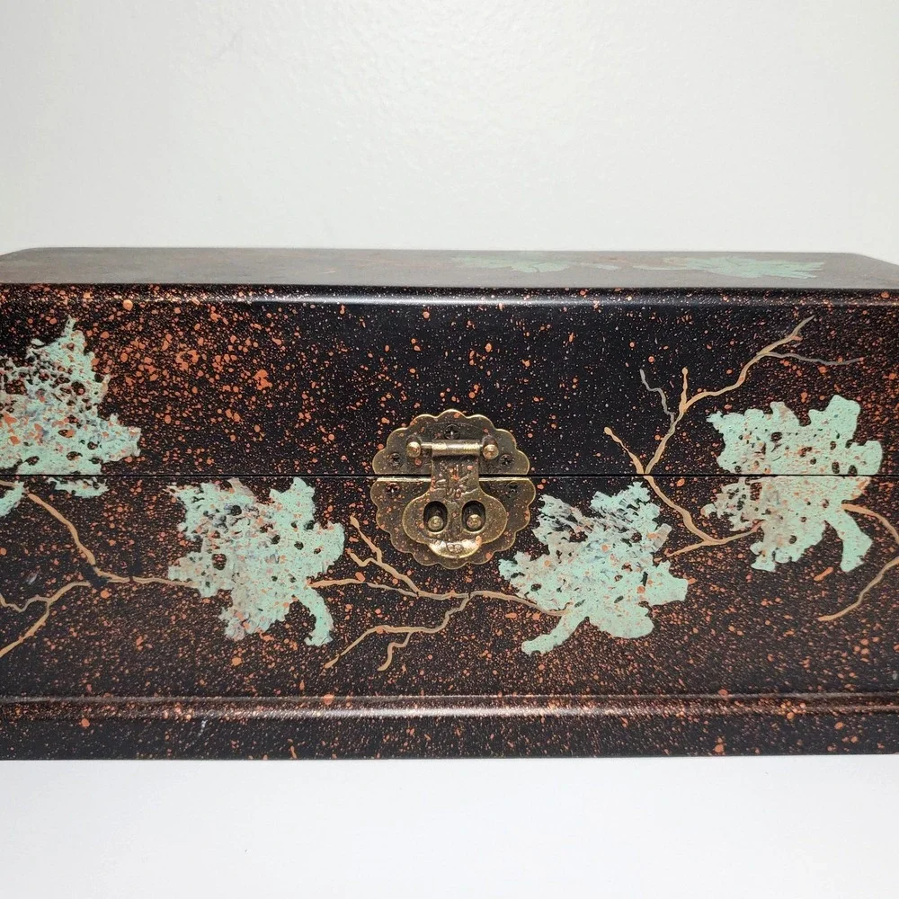 Jewelry Box‎ Handpainted with leaf motif Fall Foliage Gold Green Black